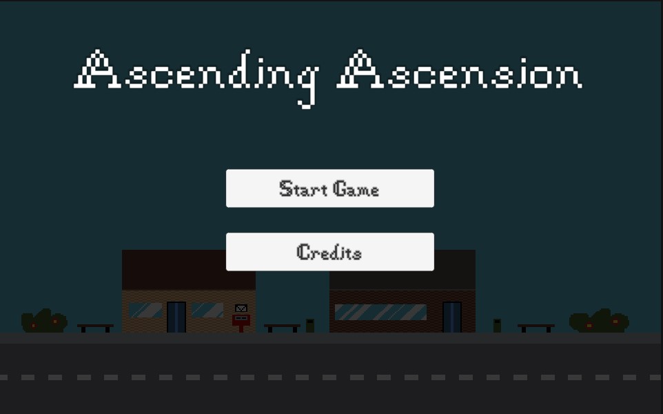 Startmenu van Ascending Ascension, met een start en credits knop