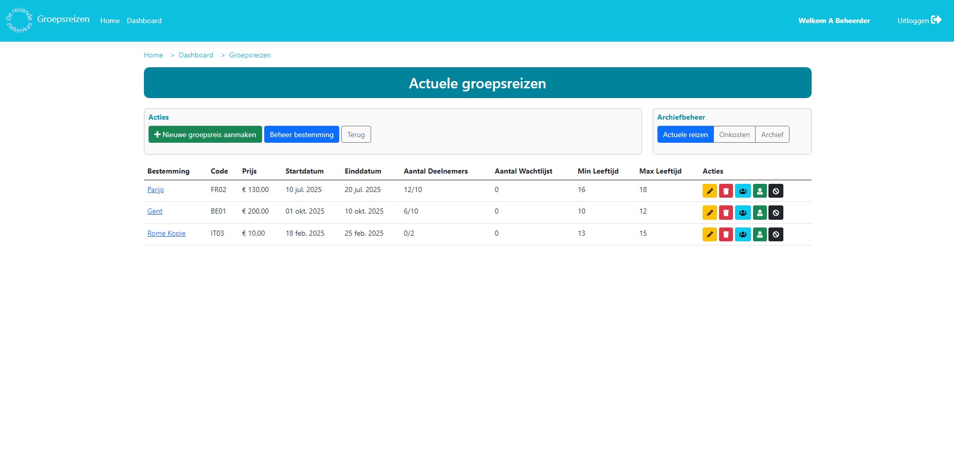 In deze afbeelding word het groepsreizenoverzicht dat een beheerder te zien krijgt getoond.