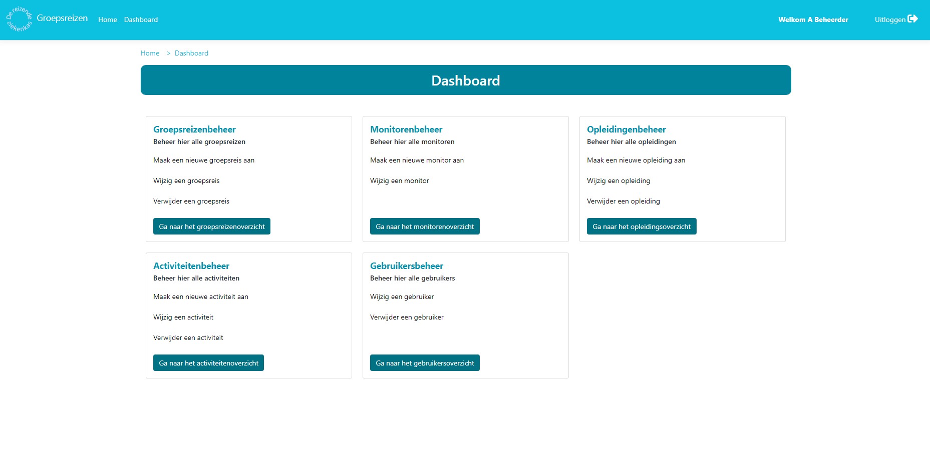 In deze afbeelding word het dashboard van een beheerder getoond