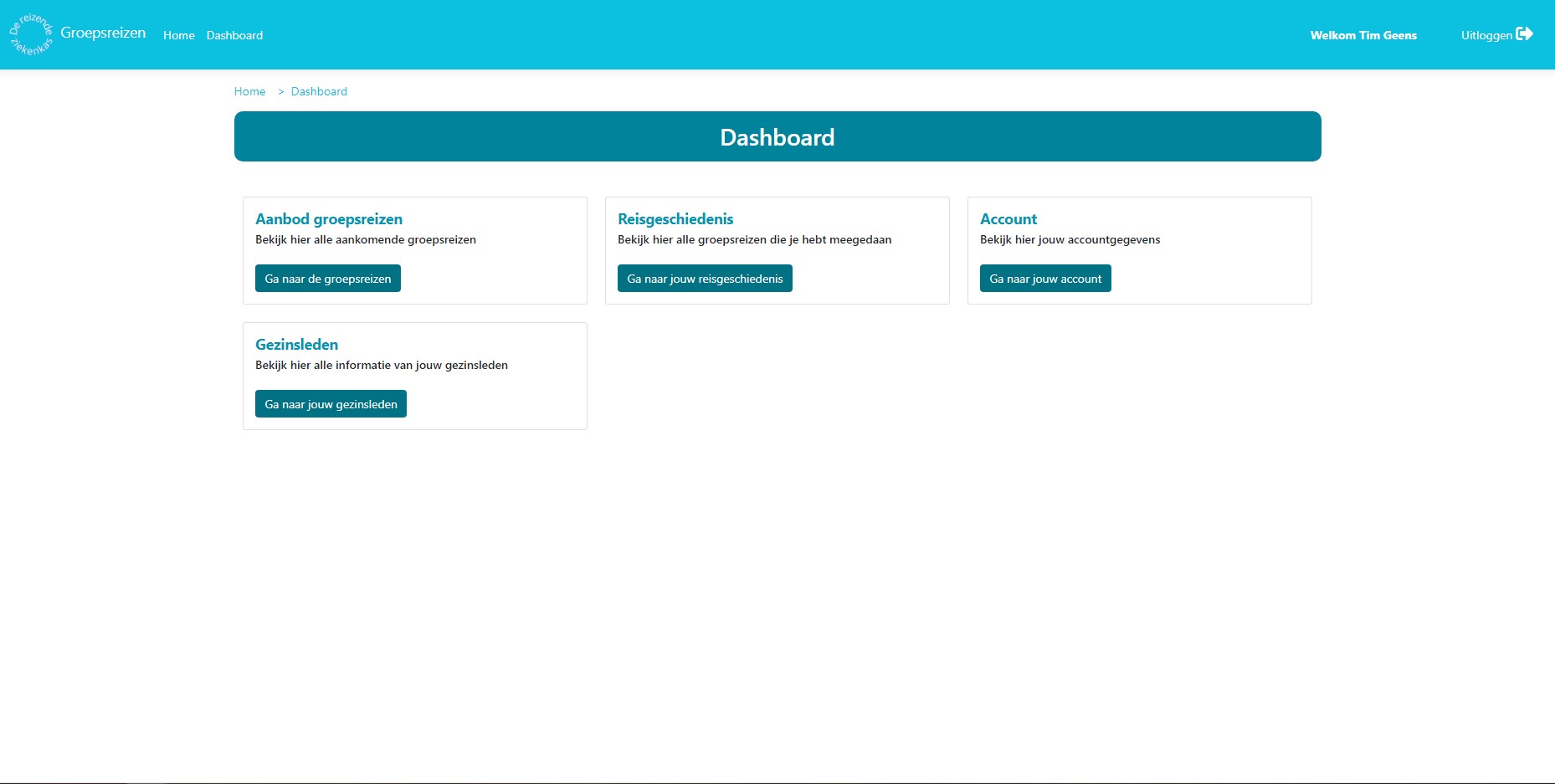 een afbeelding van het dashboard voor een gebruiker, hierop kan hij doorklikken naar alle functionaliteiten van de app.