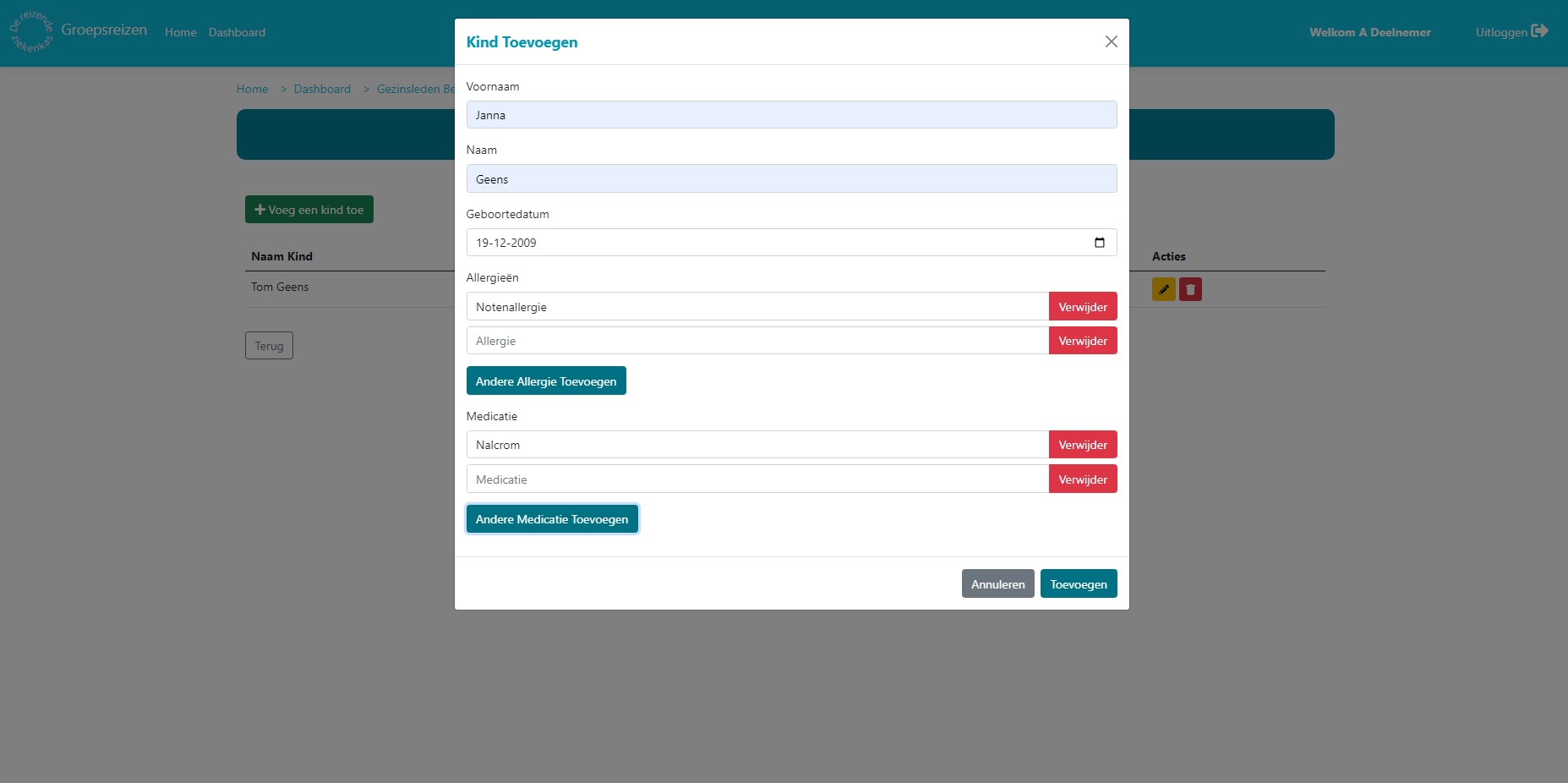 In deze afbeelding word er getoond hoe je een kind kan toevoegen aan je account.