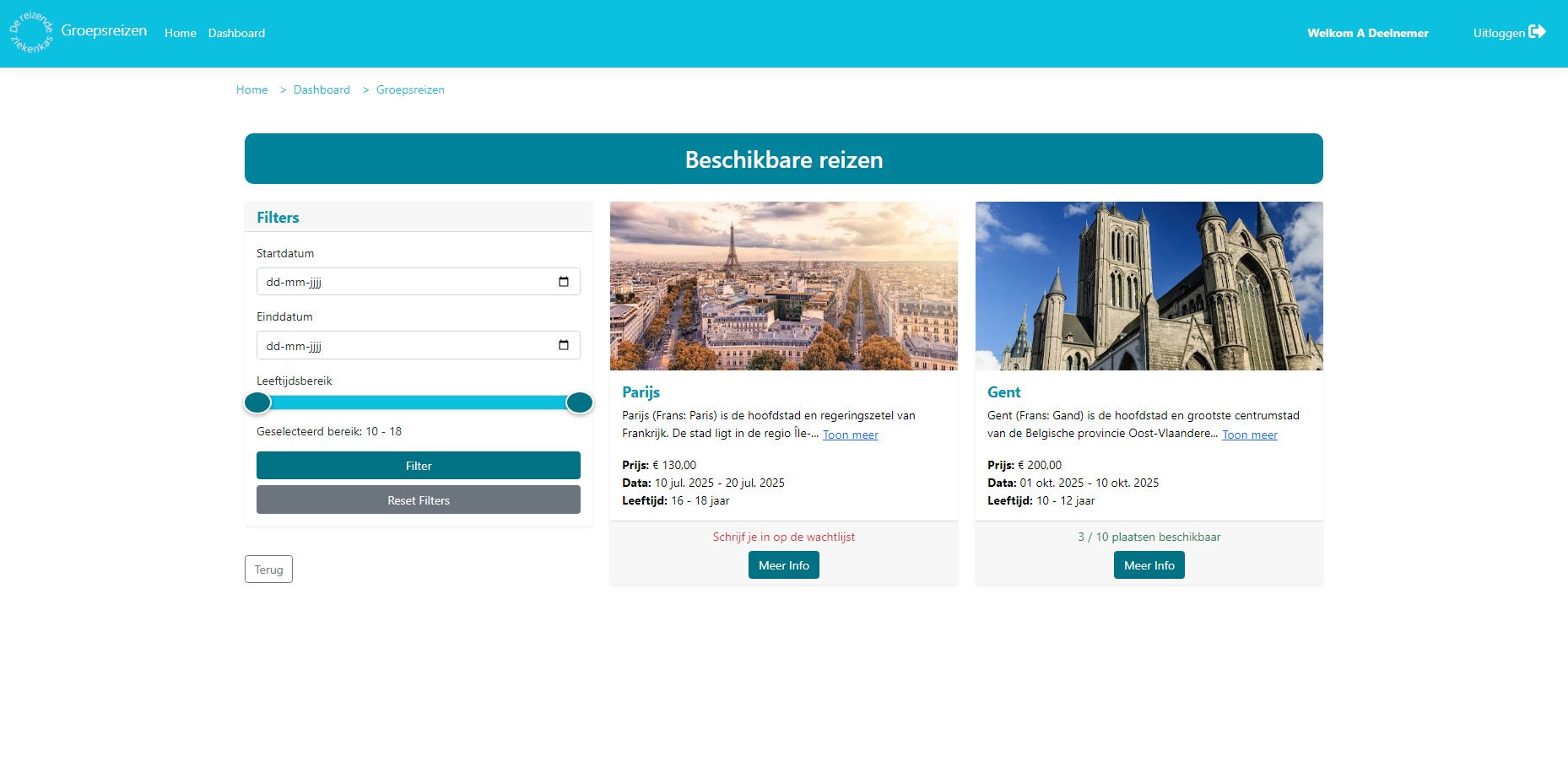 een afbeelding van de pagina waar een gebruiker kan kiezen uit de groepsreizen incusief filter functie.